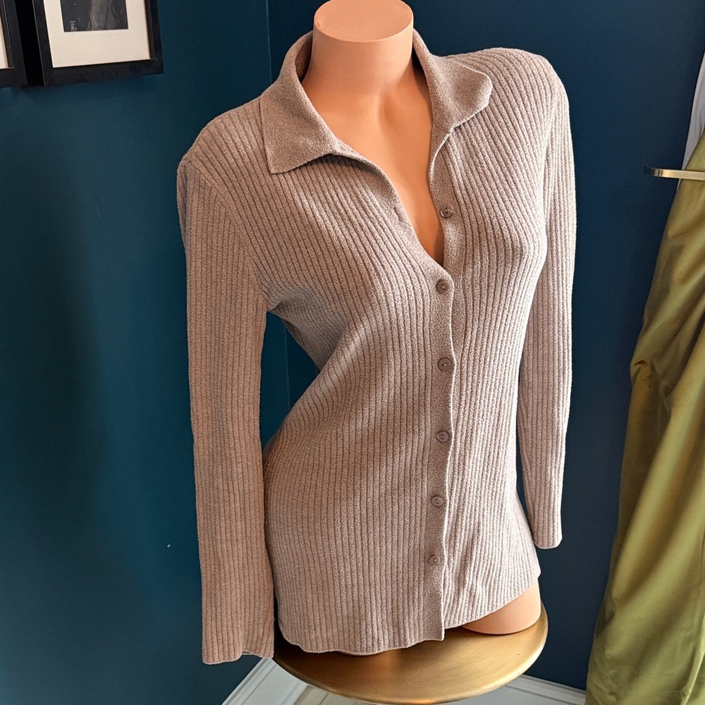 Barefoot Dreams Cozy Chic Ultra Lite Button-Front Sweater Top in Taupe